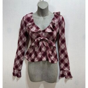 Self Esteem Plaid Blouse Womens XS Burgundy Ruffle Tie Front Peplum Bell Sleeve